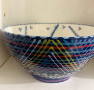 Potter's Workshop Blue Pasta Bowl with Red, Light Blue & Yellow stripes |  South Africa